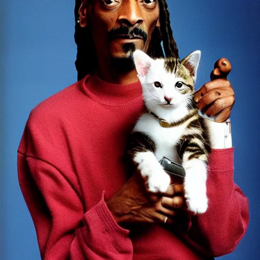 Image similar to Snoop Dogg holding a kitten for a 1990s sitcom tv show, Studio Photograph, portrait, C 12.0