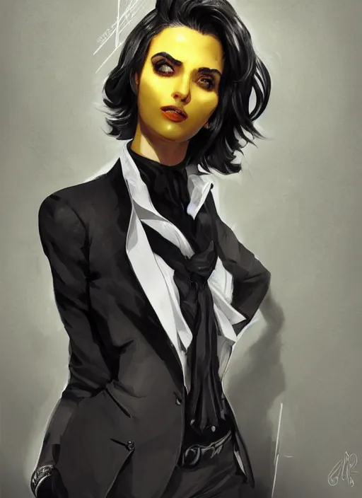 Prompt: a highly detailed illustration of beautiful short black messy haired woman wearing eyepatch and noir style suit and tie, yellow eyes, dramatic smiling pose, intricate, elegant, highly detailed, centered, digital painting, artstation, concept art, smooth, sharp focus, league of legends concept art, WLOP