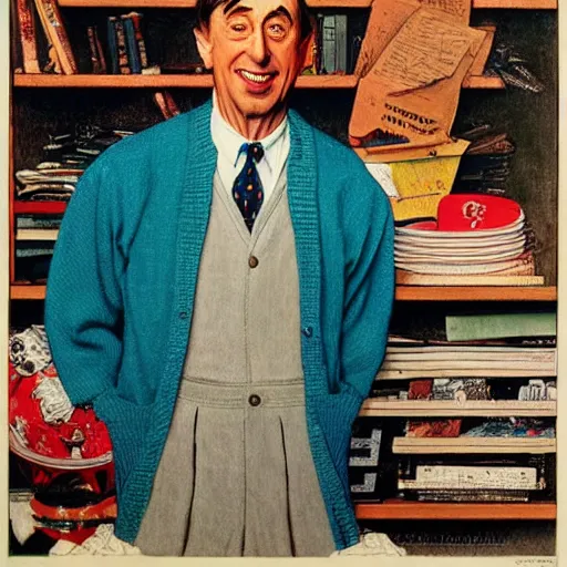 Image similar to norman rockwell painting of mr. rodgers wearing a blue cardigan