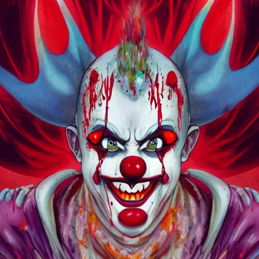 Prompt: 4K headshot of scary clown with defined arms and open hands and bloody clothes with giant mandala wings , intricate face , flawless anime cel animation by Kentaro Miura, psychedelic , highly detailed upper body , professionally post-processed , beautiful, scary, symmetry accurate features, epic, octane rendered, anime masterpiece, accurate