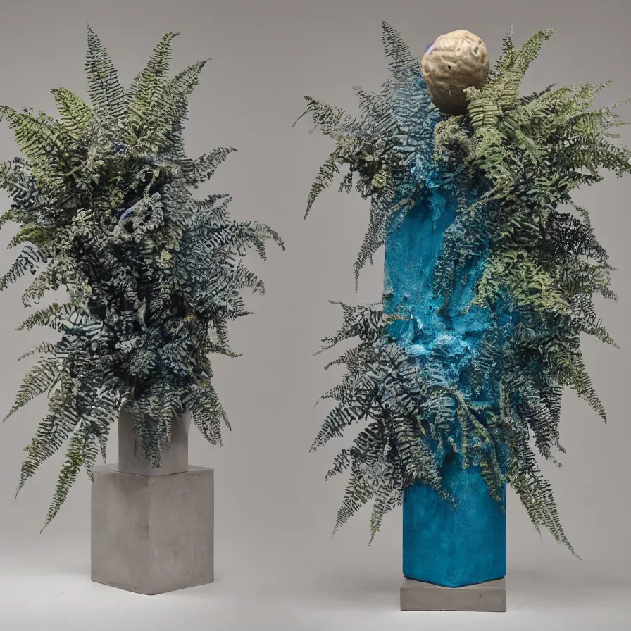 Image similar to hyperrealistic sculpture of a distressed bronze ancient fossilized echinoderm sea urchin dusted with opalescent blue spraypaint and ferns in a nylon grid cage on a pedestal by ron mueck and duane hanson and lee bontecou, hyperrealistic dramatic colored lighting trending on artstation 8 k