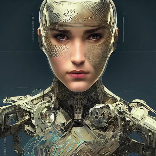 Image similar to headshot of humanoid robot from ex machina, intricate, headshot, highly detailed, digital painting, artstation, concept art, sharp focus, cinematic lighting, illustration, art by artgerm and greg rutkowski, alphonse mucha, cgsociety