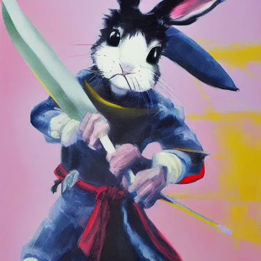 Image similar to rabbit swordsman, brush strokes, oil painting, kazuki takahashi