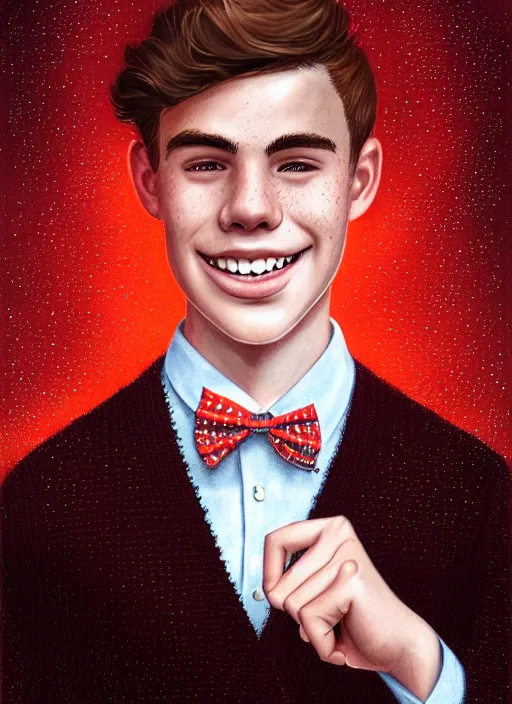 Image similar to portrait of teenage archie andrews, freckles, curly middle part haircut, curly hair, middle part hairstyle, smiling kindly, wearing a bowtie and sweater vest, intricate, elegant, glowing lights, highly detailed, digital painting, artstation, concept art, smooth, sharp focus, illustration, art by wlop, mars ravelo and greg rutkowski