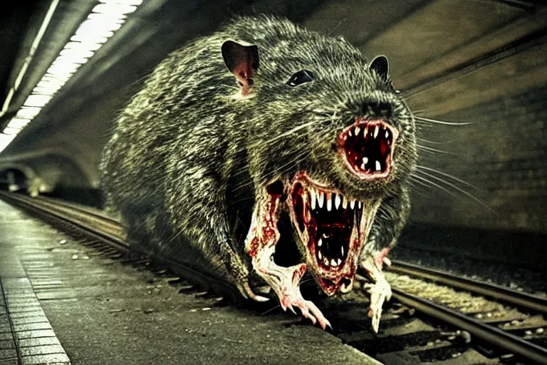 Image similar to very large giant mutant zombie irradiated ( angry rat ) staying on railways in tonnel of moscow subway. tonnel, railways, giant angry rat, furr, fangs, claws, very realistic. extreme long shot, 1 6 mm lens, herman nitsch and herman nitsch, giger.