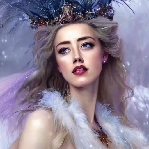 Image similar to hyperrealistic portrait of a woman as amber heard as the winter witch at her frost palace while enchanting a spell wearing white swan dress long feathers and sapphire jewellery by jeremy mann and alphonse mucha, fantasy art, photo realistic, dynamic lighting, artstation, poster, volumetric lighting, very detailed faces, 4 k, award winning