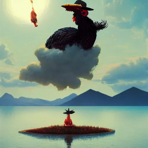 Prompt: matte painting of a cool 🐔 with sun glasses and a mexican sombrero vaping on a lake by greg rutkowski, trending on artstation, surreal anime style