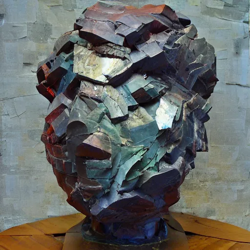 Image similar to an impasto painting by shaun tan and john chamberlain of an abstract forgotten sculpture by the caretaker and ivan seal