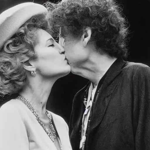 Prompt: bob dylan kissing the queen of england, photograph, high detail