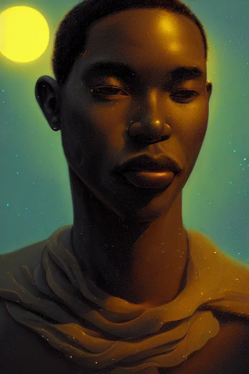 Prompt: Bioluminescent, portrait of a black guy , very intricate , trending on artstation , very elegant, in the golden hour by Daniel Merriam, Trending on Artstation, oil on Canvas by Elena Zhurikhina and Goro Fujita and Charlie Bowater, octane render, 4k, 8k, HD