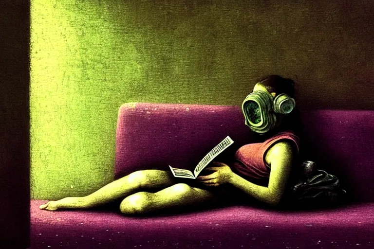 Image similar to girl with wearing a gas mask lying on the sofa reading a book in her room, in the style of beksinski, peaceful, calm, atmospheric, intricate and epic composition, green by caravaggio, insanely quality, highly detailed, masterpiece, purple light, artstation, 4 k