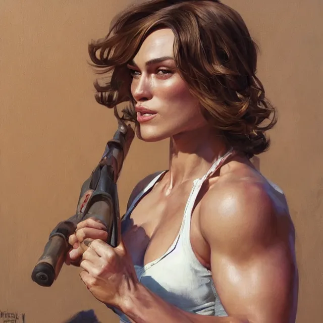 Image similar to greg manchess portrait painting of confident keira knightley as beautiful thick female bodybuilder zarya from overwatch, medium shot, asymmetrical, profile picture, organic painting, sunny day, matte painting, bold shapes, hard edges, street art, trending on artstation, by huang guangjian and gil elvgren and sachin teng