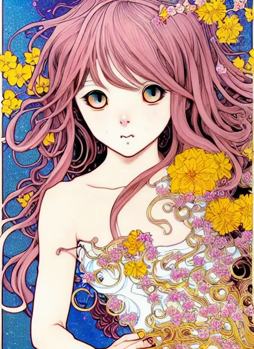 Image similar to exquisite imaginative manga poster art of cat girl, long wavy hair, flowers, rococo dress, pearlescent, shimmering, by kojima ayami, shigenori soejima, takeshi obata, alphonse mucha, jump comics, shogakukan, art nouveau, illustration, artstation, highly detailed, 8 k, colorful, maximalist