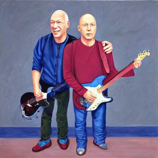 Image similar to portrait of mark knopfler with david gilmour, joyful, highly detailed painting by akira toriyama, 8 k