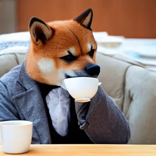 Image similar to a Shiba inu drinking coffee like a gentleman, realistic