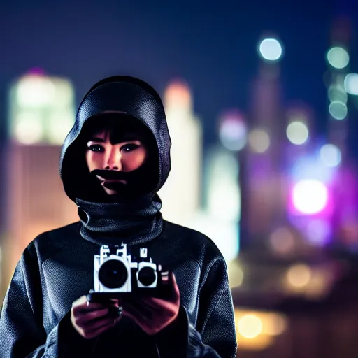 Image similar to photographic portrait of a techwear woman the camera a bullet, closeup, on the rooftop of a futuristic city at night, sigma 85mm f/1.4, 4k, depth of field, high resolution, full color, award winning photography