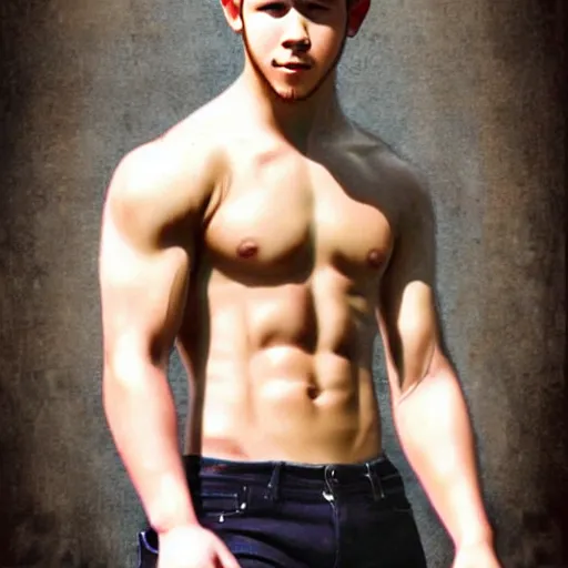 Prompt: still of nick jonas with a very muscular!!!!! body type, anime art, anime style