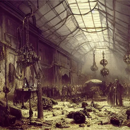 Prompt: painting hr giger tent in a room, floral ornaments light beams night, scene from fightclub movie, andreas achenbach