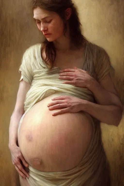 Image similar to pregnant woman in dystopia by Alyssa Monks, Bouguereau. Hyper realism, realistic proportions, dramatic lighting, high detail 4k