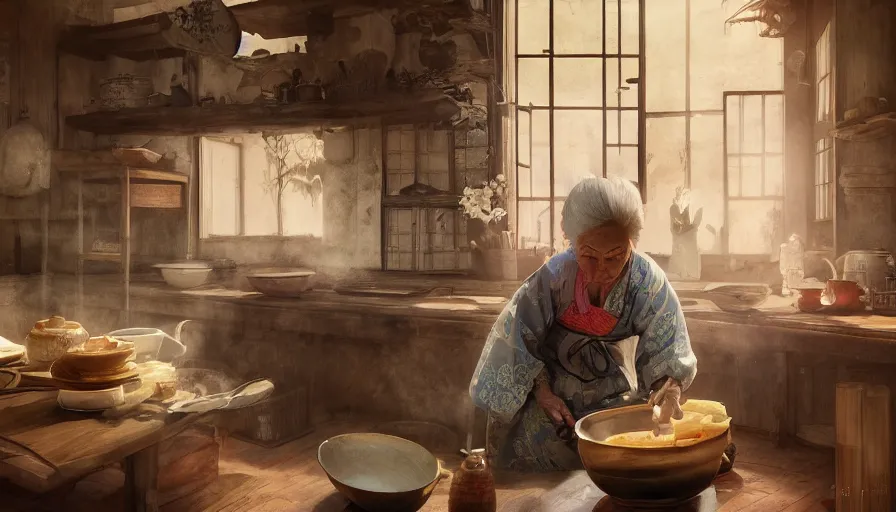 Image similar to old japanese lady cooking in old 1 8 0 0's kitchen, hyperdetailed, artstation, cgsociety, 8 k