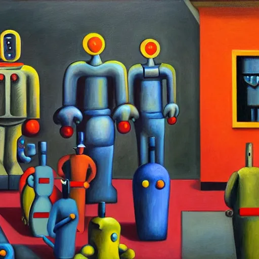 Image similar to robot parade, pj crook, edward hopper, oil on canvas