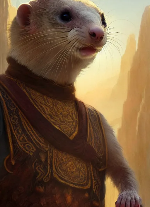 Image similar to a beautiful closeup shot from a fantasy film of a humanoid ferret wearing a loose tunic. an anthropomorphic ferret. portrait. james gurney, greg rutkowski.