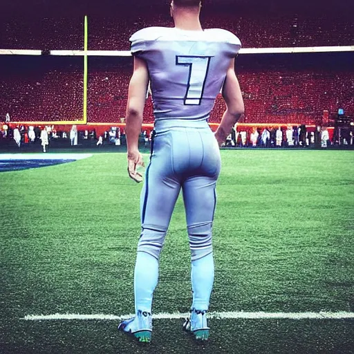 Image similar to “ a realistic detailed photo of a guy who is an attractive humanoid who is half robot and half humanoid, who is a male android, football player christian mccaffrey, shiny skin, posing like a statue, blank stare, on the field, on display ”