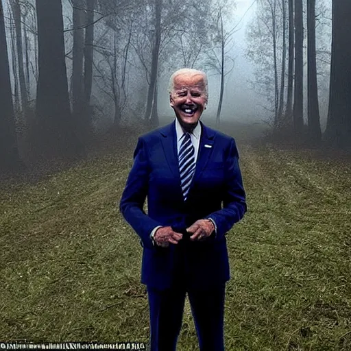 Prompt: joe biden with 4 arms standing ominously far in the foggy woods with a demonic wide smile in his face in the new horror movie, creepy