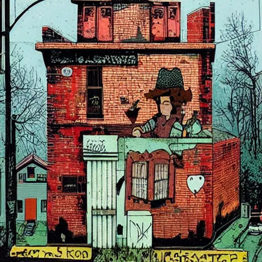 Image similar to A beautiful street art of an old, abandoned house. by Ravi Zupa, by Matt Groening, by Brian K. Vaughan unified