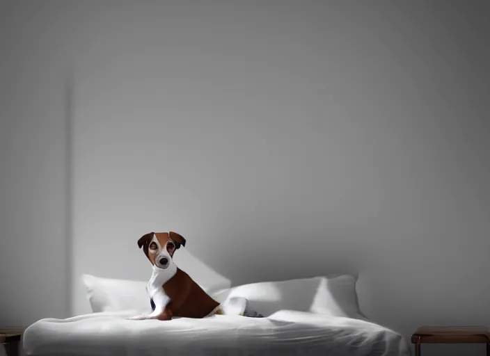 Image similar to photography of a Jack Russel watching outside the window on a bed in a 3d rendered white room, octane render, 3d, foggy, volumetric light, volumetric fog, photorealistic, unreal engine 5