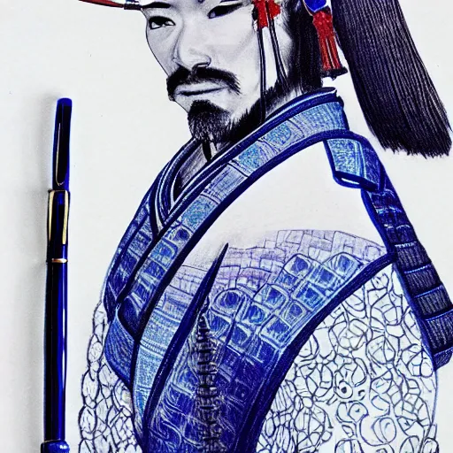 Image similar to beautiful samurai made with blue african ball point pen