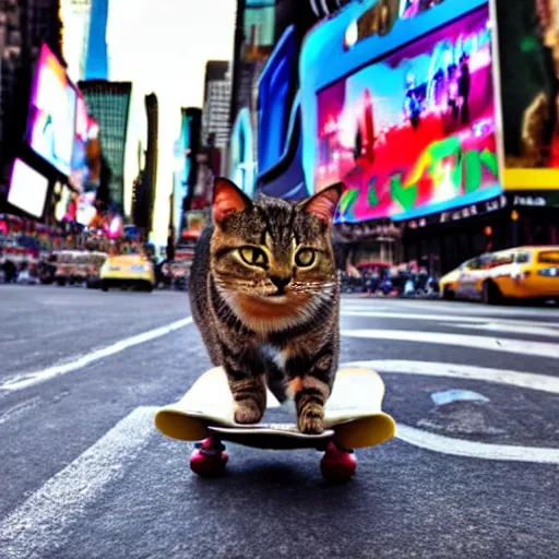 Image similar to A cat riding a skateboard in Times Square, New York City, 4k, high quality, award winning photo