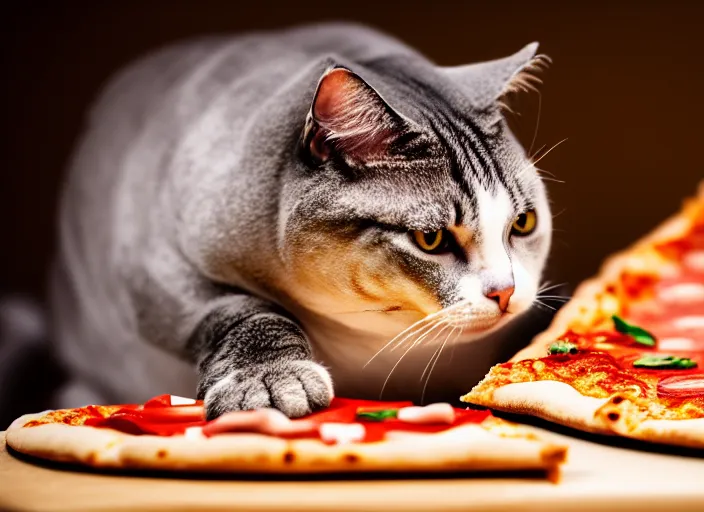 Image similar to fat cat eating a slice of pizza. highly detailed 8 k. intricate. lifelike. soft light. nikon d 8 5 0 5 5 mm. dof. cinematic postprocessing.