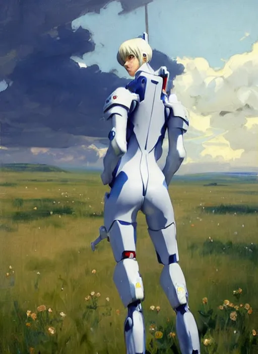 Image similar to Greg Manchess painting of Rei Ayanami in Plugsuit out with the dogs, EVA unit-00 in the back, countryside, fantasy character portrait, dynamic pose, above view, sunny day, thunder clouds in the sky, artwork by Jeremy Lipkin and Giuseppe Dangelico Pino and Michael Garmash and Rob Rey, very coherent asymmetrical artwork, sharp edges, perfect face, simple form, wacky, 100mm