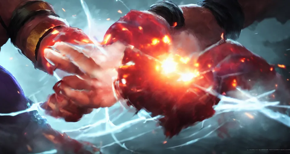 Prompt: Epic dramatic cinematic close-up character shot of a man pit against his mortal enemy in a thumb war for the fate of cosmic reality. Digital art. Street Fighter V game concept art.