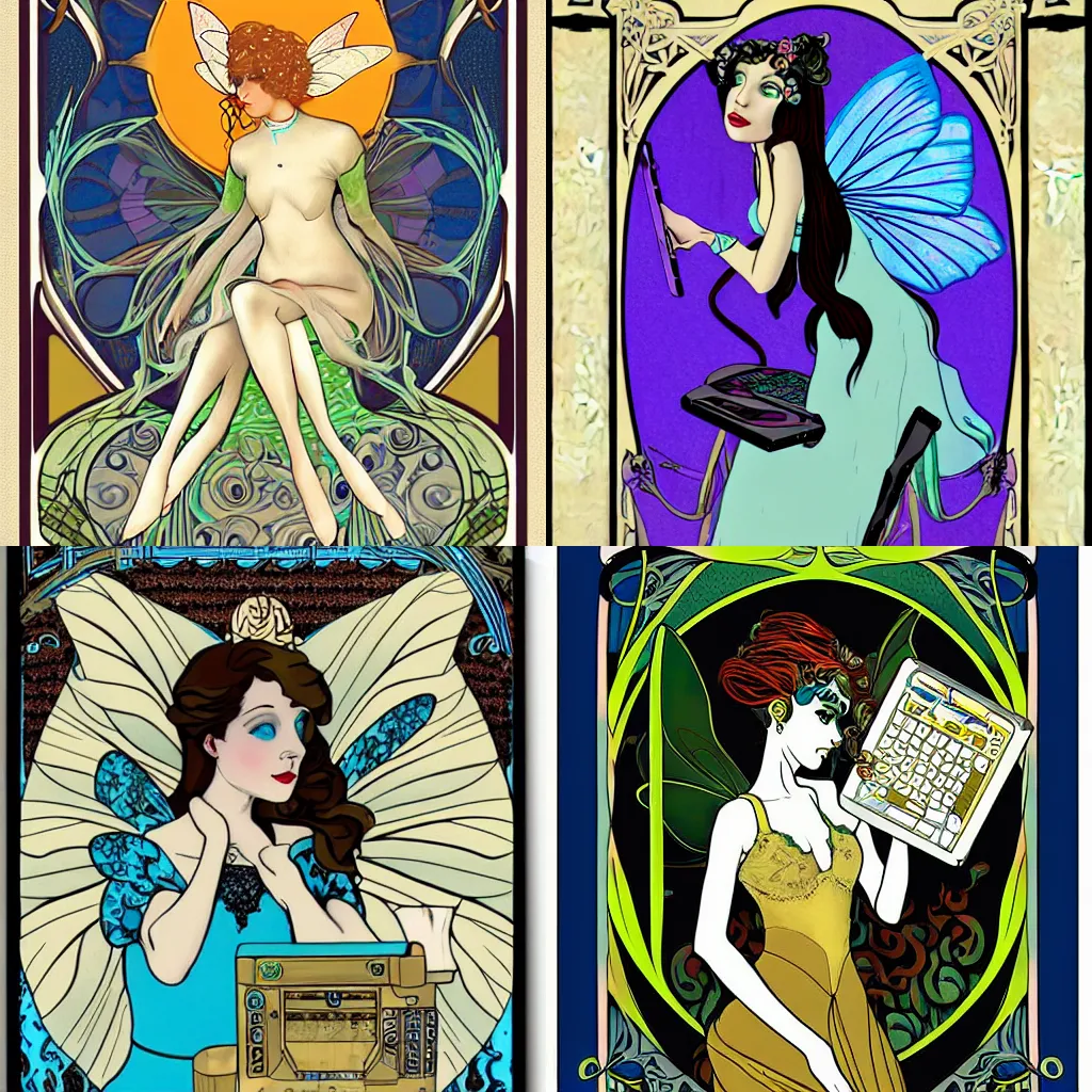 Prompt: art nouveau fairy using a computer by quinton hoover and mobius