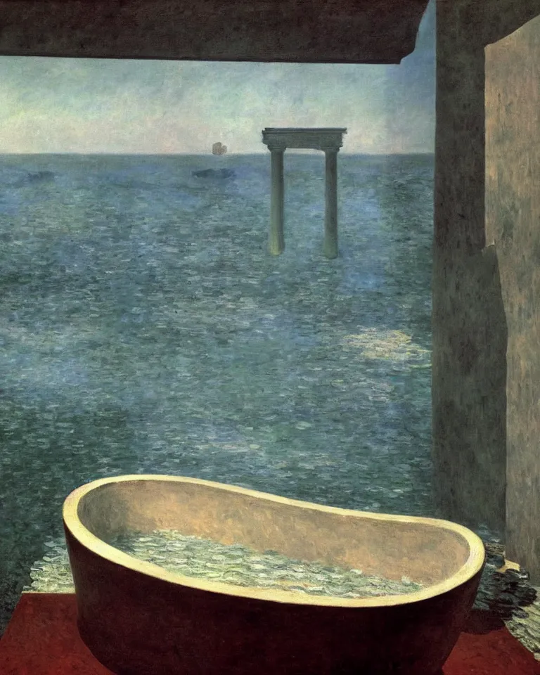 Prompt: achingly beautiful painting of a antique roman bathtub by rene magritte, monet, and turner. piranesi.