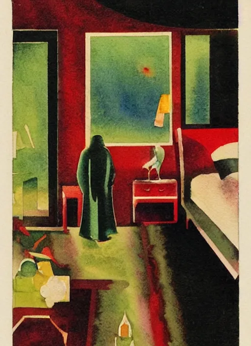 Prompt: 1920s art deco watercolor by Tito Corbella, moody, a lonely figure enshrouded in a surrealist representation of their own bedroom, by Mark Tennant by Igor Scherbakov by Anthony Cudahy, vintage postcard illustration by Mitchell Hooks