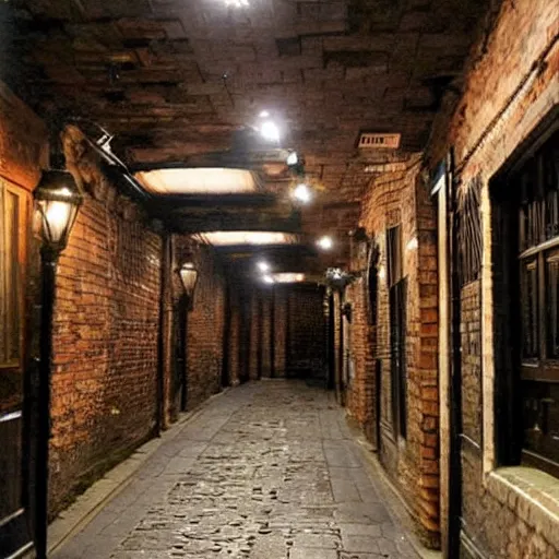 Prompt: a late 19th century London at night themed basement, cobblestone floors