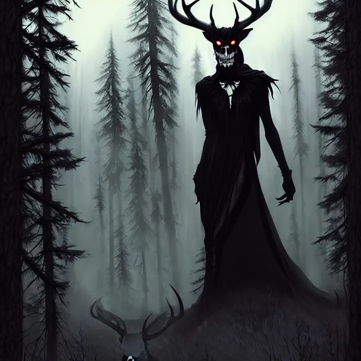 Prompt: style artgerm, joshua middleton, diego fazio, marc simonetti : : scary wendigo with antlers and skull face mixed with werewolf : : [ [ beautiful witch wearing a black dress, symmetrical face, on the right side ] ] : : in the forest, detailed, dark and foggy, cinematic lighting