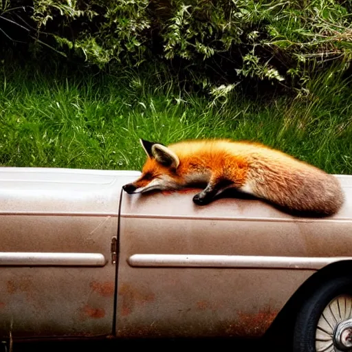 Image similar to fox sleeping on an old car, award winning photography