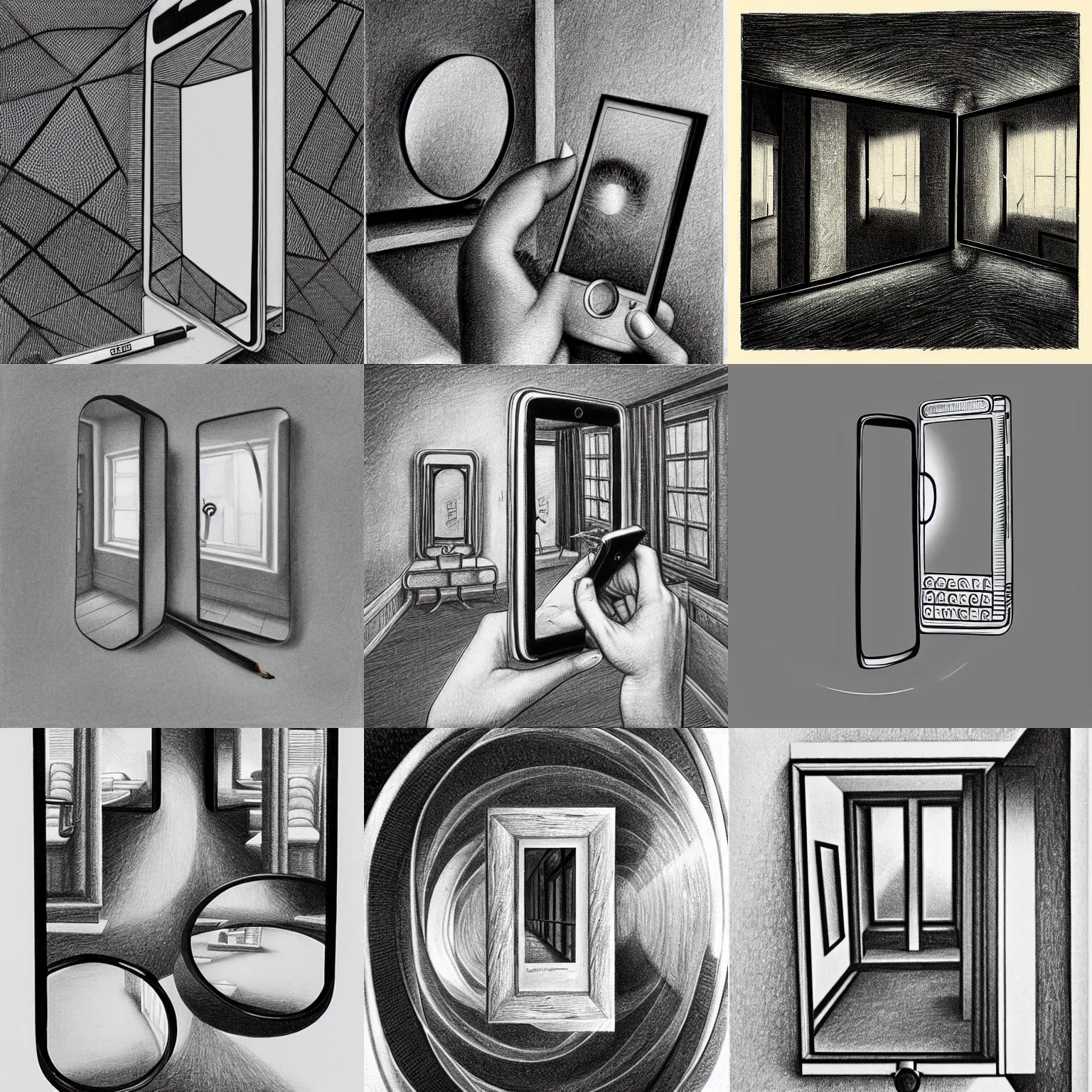Prompt: pencil drawing of a smart phone inside of a mirror, the phone screen contains a mirror, the mirror contains a phone screen, infinite recursion, pencil art, in the style of m. c. escher, clean, detailed