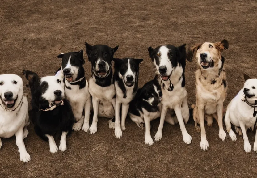 Prompt: portrait of a group of pensive, studious dogs sit together in a circle, high resolution photograph