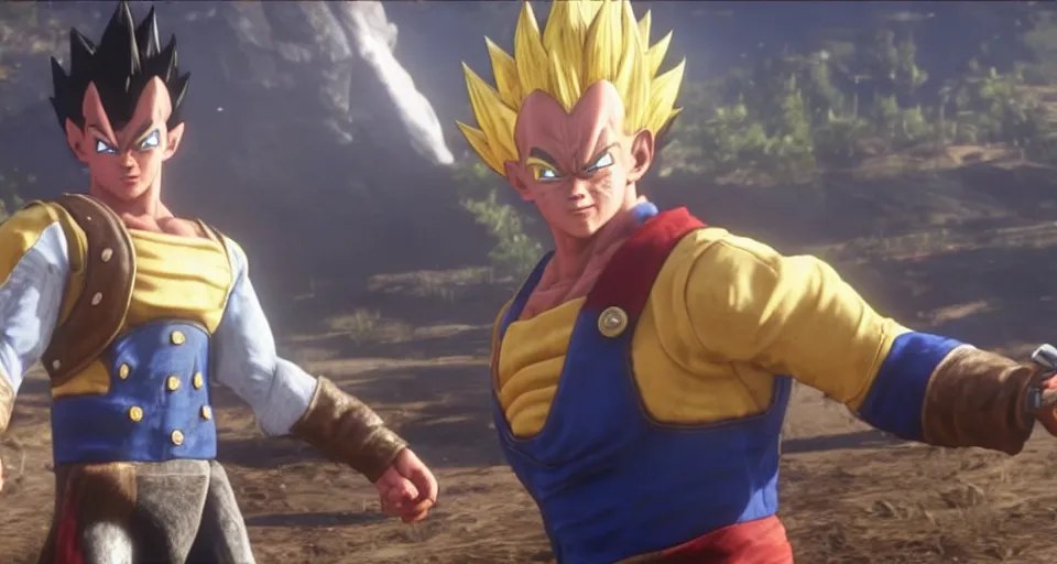 Image similar to Screenshot of Vegeta as a 3d cowboy in full cowboy attire in the videogame 'Red Dead Redemption 2'. Sharpened. 1080p. High-res. Ultra graphical settings.