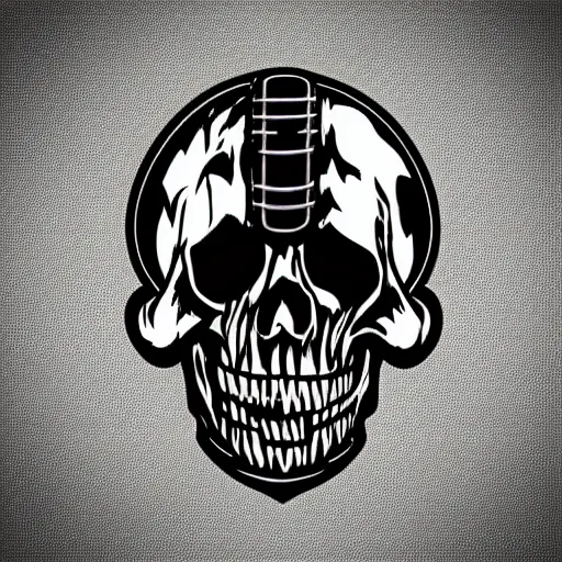 Image similar to death metal themed skull shaped microphone vector logo for a record label, dark, horrorcore, grunge, dark forest, ent, symmetrical golden ratio