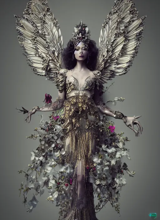 Image similar to full body environmental portrait photo of a goddess as angel, ornate headpiece made from flowers, ornaments, glamour shot by gemmy woud - binnendijk, chris knight, photorealistic, canon r 3, fashion photography, ornate, symmetrical features, octane render, unreal engine, solid dark grey background, clamp shell lighting, rim lighting