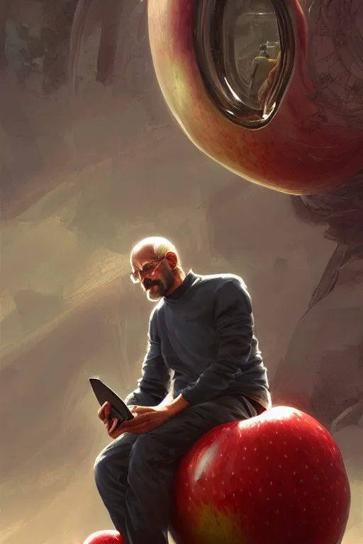 Image similar to ultra realistic illustration, steve jobs sitting on a giant apple, sci - fi, fantasy, intricate, elegant, highly detailed, digital painting, artstation, concept art, smooth, sharp focus, illustration, art by artgerm and greg rutkowski and alphonse mucha