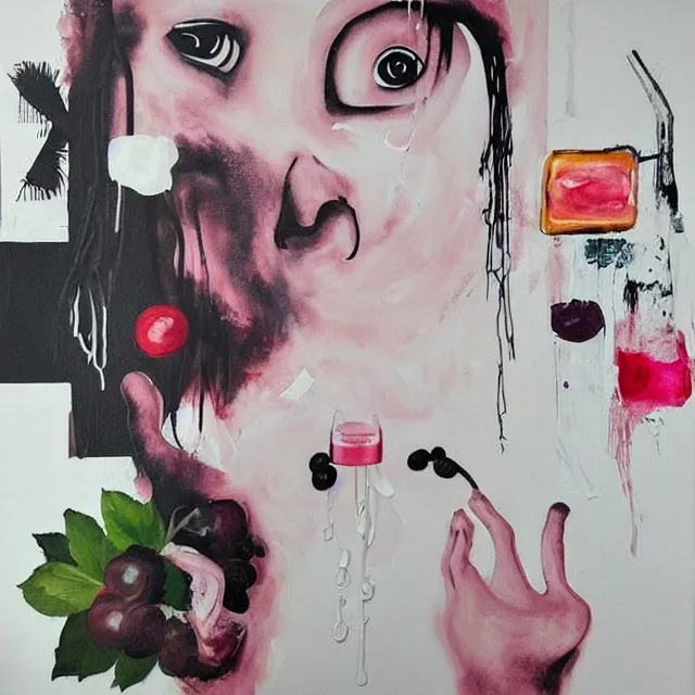 Image similar to “ a portrait in a female art student ’ s apartment, sensual, a pig theme, art supplies, paint tubes, ikebana, herbs, a candle dripping white wax, black walls, squashed berries, berry juice drips, acrylic and spray paint and oilstick on canvas, surrealism, neoexpressionism ”