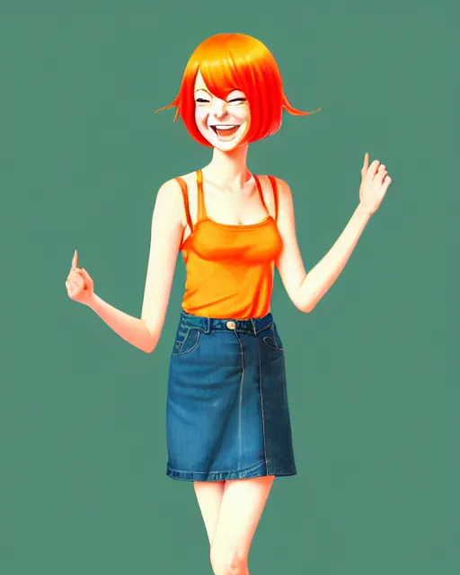 Prompt: beautiful anime girl, full body Emma Stone, orange glowing hair, sarcastic smiling, clear clean face, symmetrical face, blurry background, pose, face by Ilya Kushinov style, style by Loish, Norman Rockwell, painterly style, flat illustration