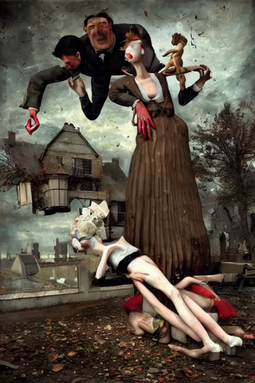 Image similar to man breaking into pieces while a woman tries to hold the fallen parts, surreal, ray caesar and john constable